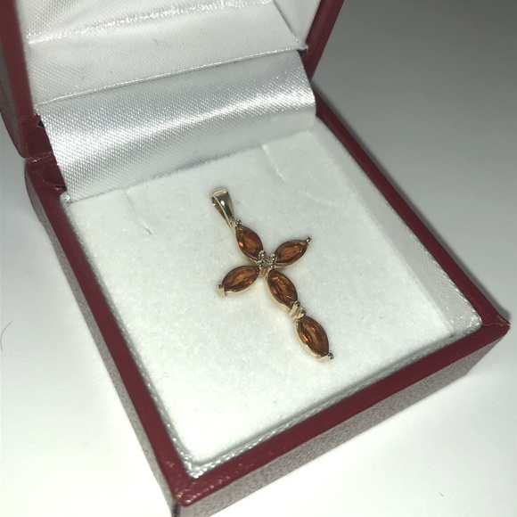 Solid 14K Yellow Gold Citrine Topaz ? Diamond Cross Pendant Charm - Picture 3 of 7